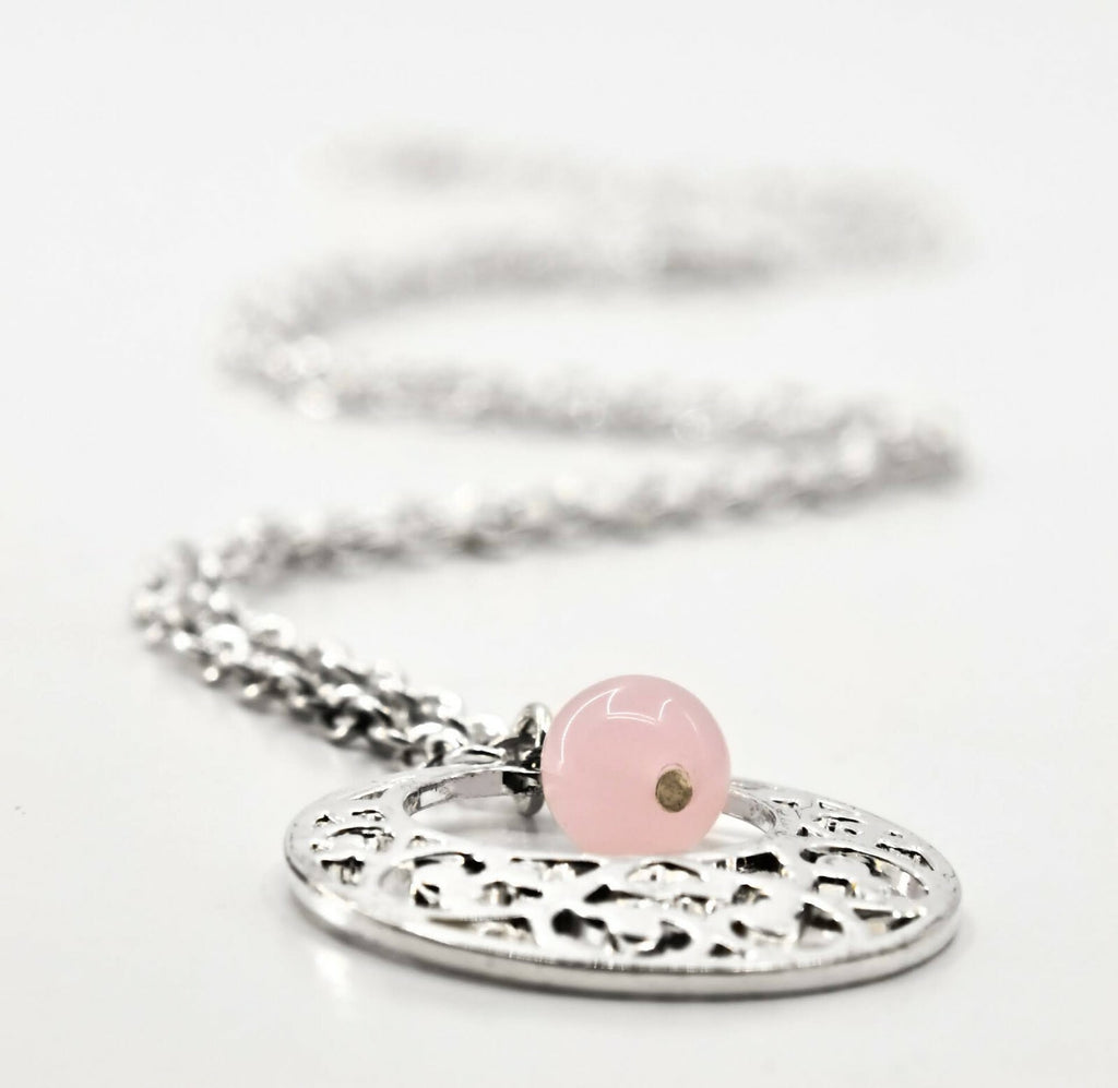 Pendant Necklace Signed LBVYR Pink Quartz Dangle Silver Round Filigree Open  20"