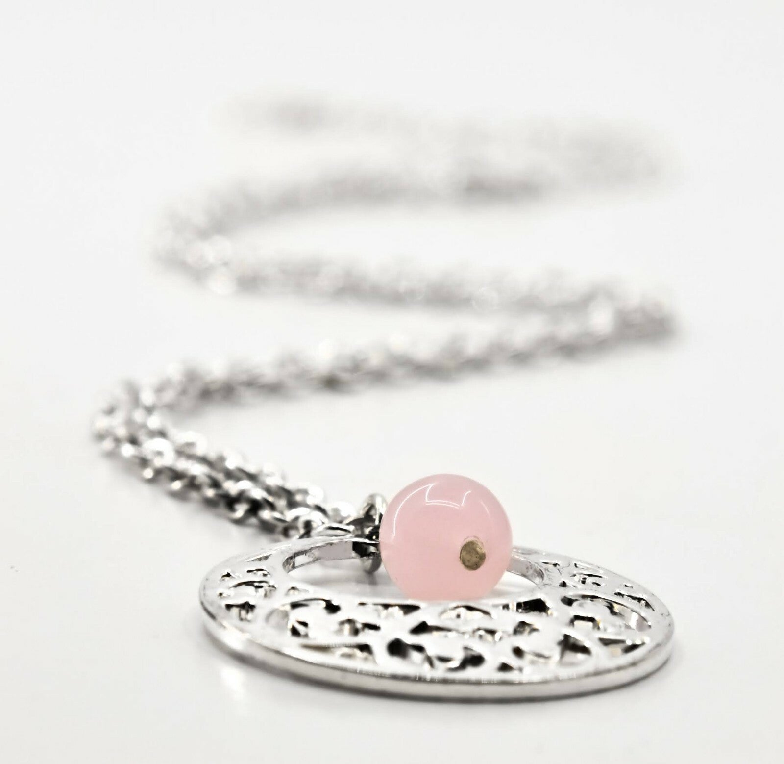 Pendant Necklace Signed LBVYR Pink Quartz Dangle Silver Round Filigree Open  20"