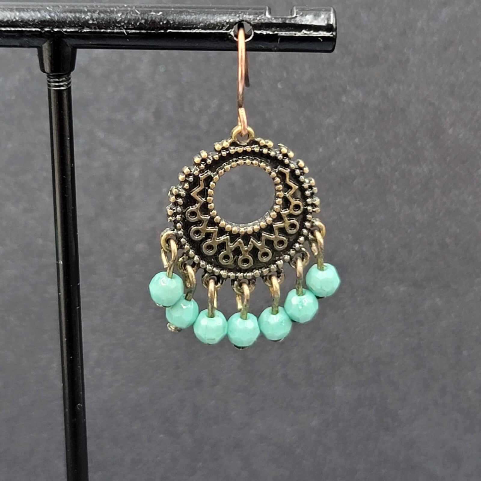 Pierced Earrings Bronze tone Blue Bead Medallion 1"