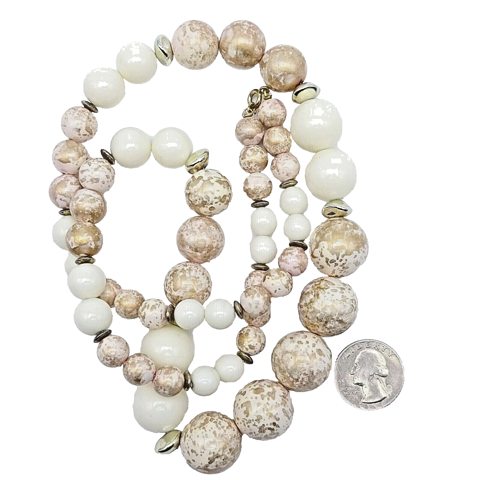 Vintage Mid Century White and Gold Graduated Bead Necklace 30 in