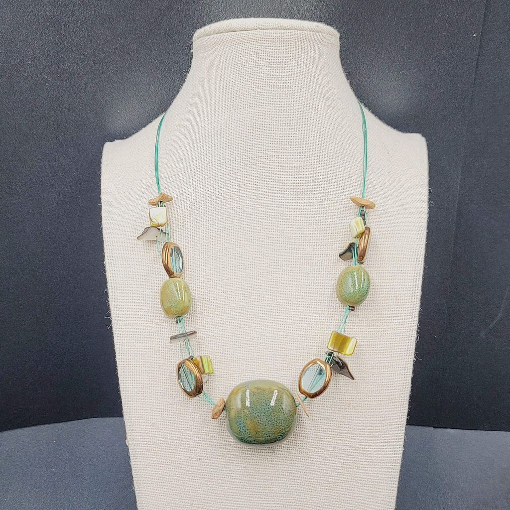 Premier Designs Necklace Green Pottery Beads Blue Thread 18"-21"