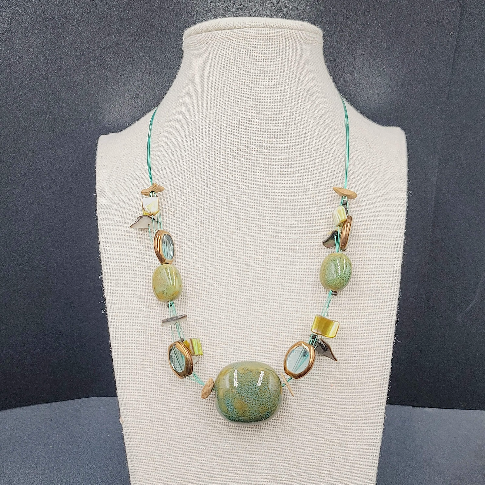 Premier Designs Necklace Green Pottery Beads Blue Thread 18"-21"