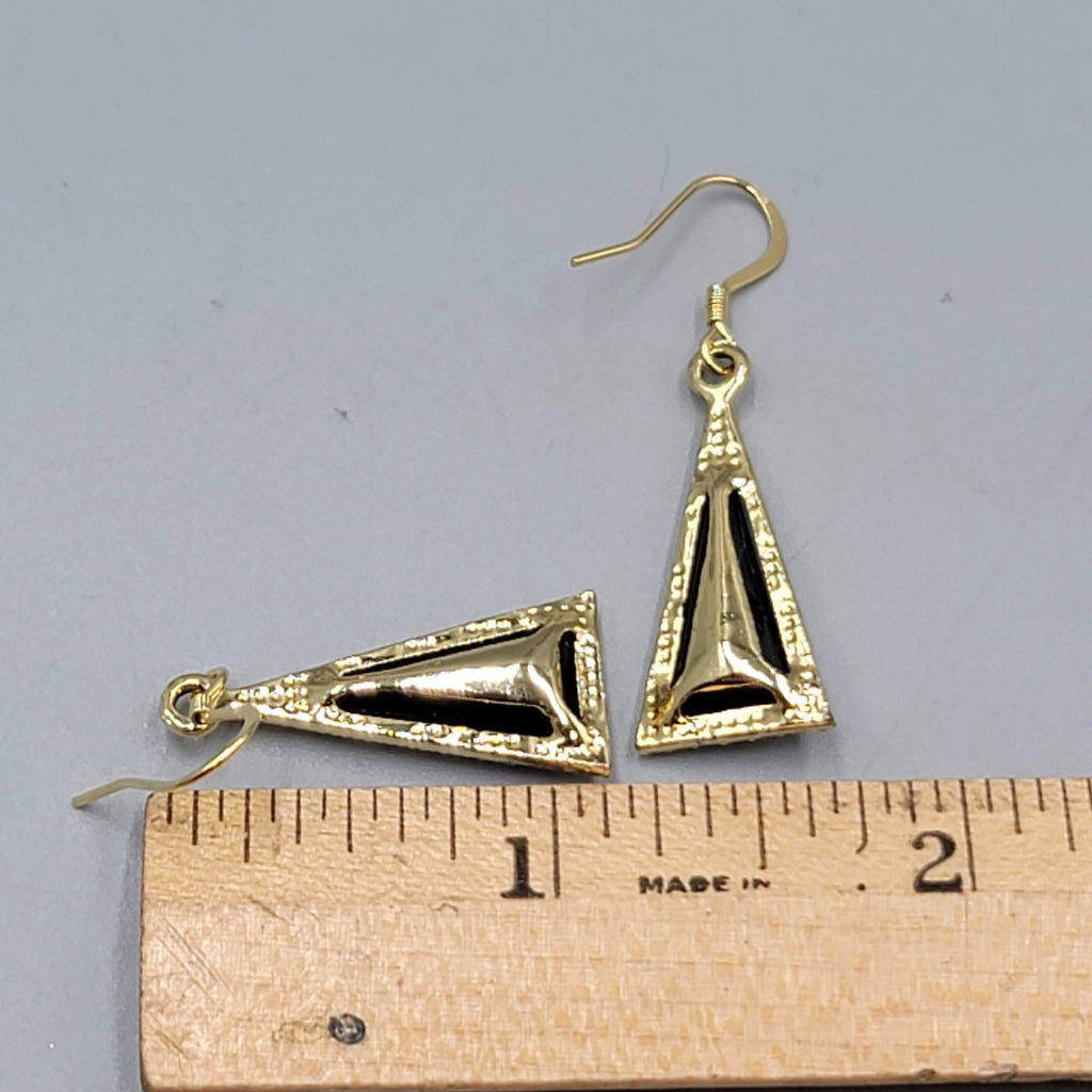 Triangle Black Rhinestone Pierced Earrings Gold tone Dangle 7/8"