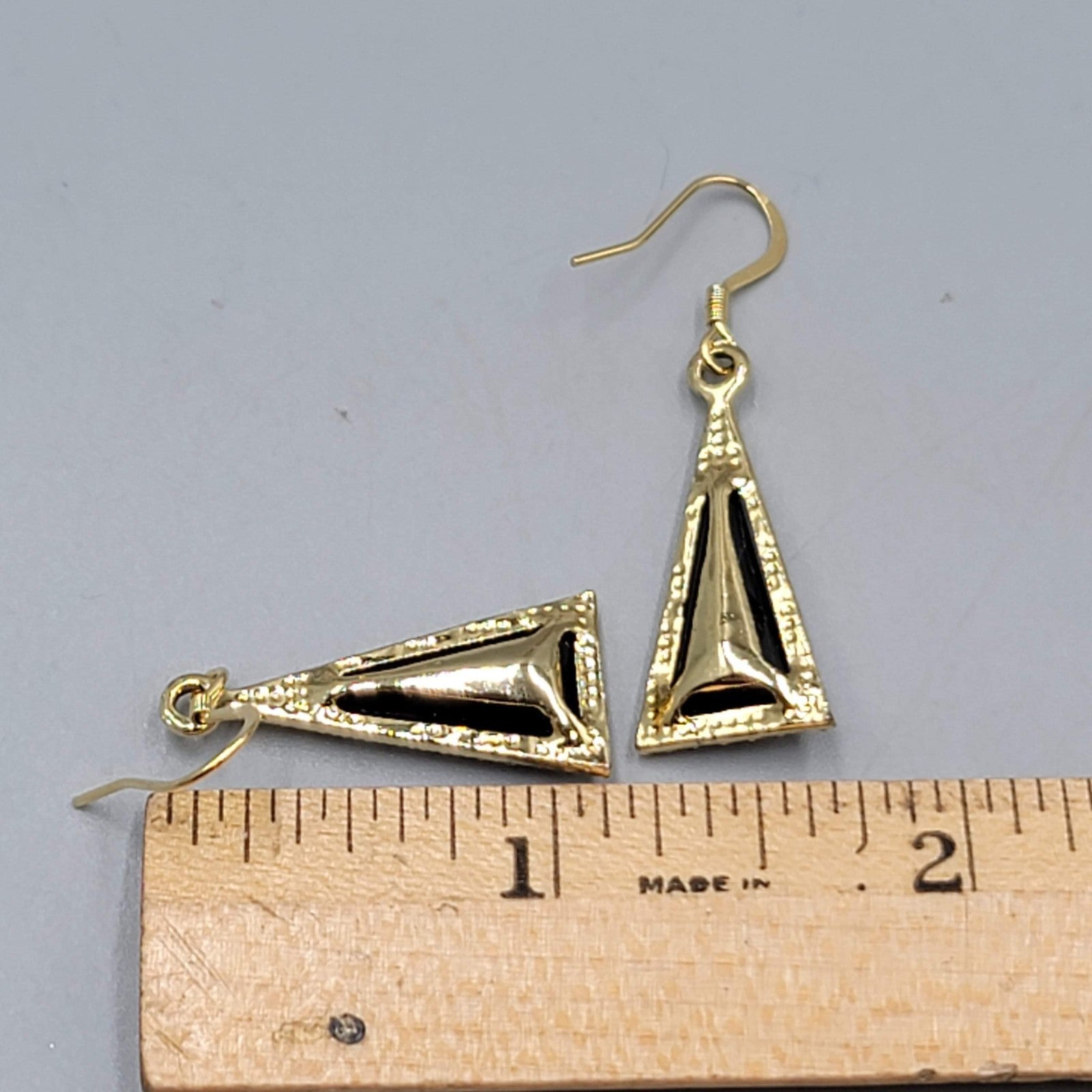 Triangle Black Rhinestone Pierced Earrings Gold tone Dangle 7/8"