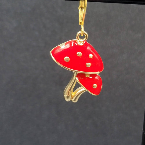 Double Mushroom Pierced Earrings Gold tone Enamel Red White Polka Dot Dangle 1"