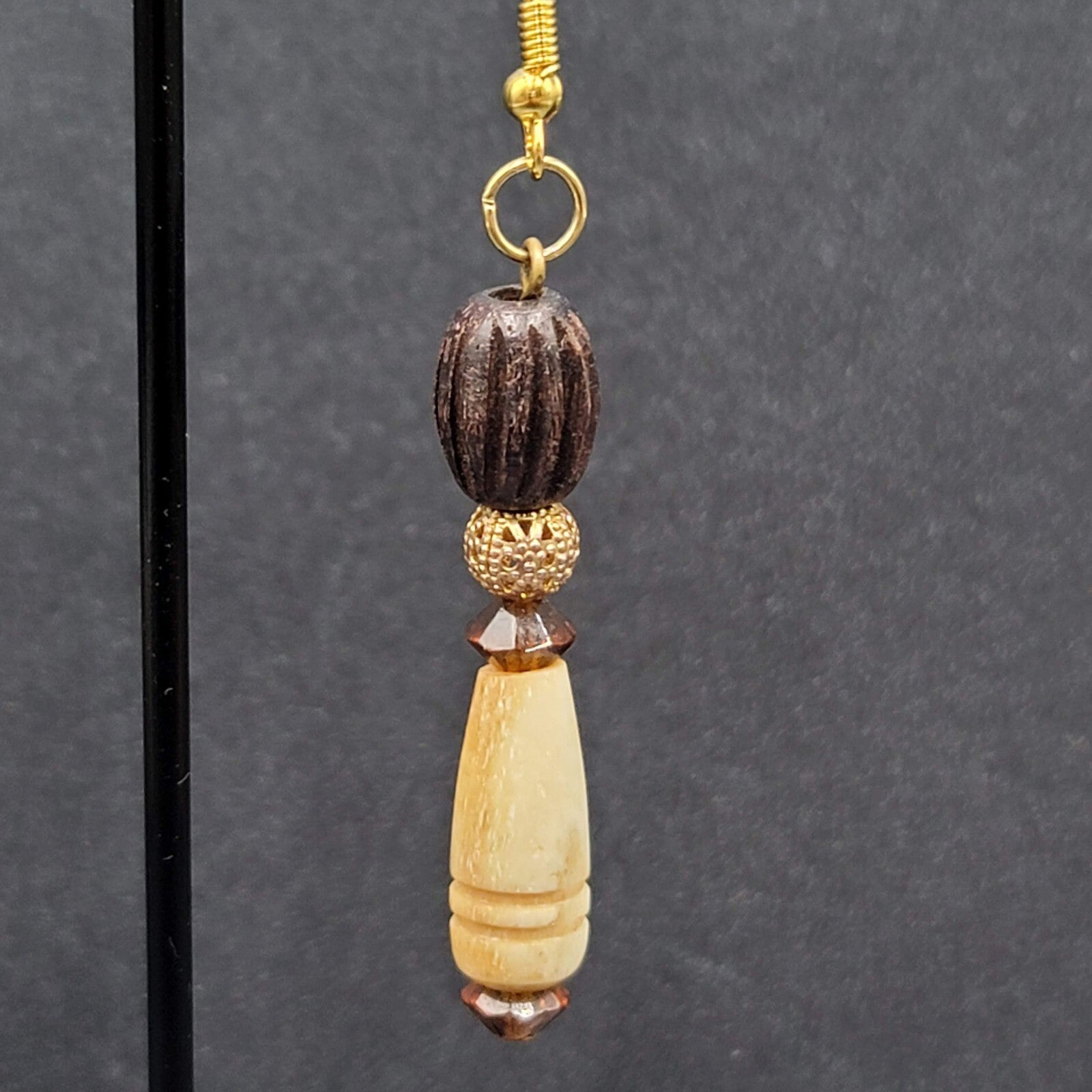 Pierced Earrings Gold tone Wood Hand Carved Beads Dangle 2"