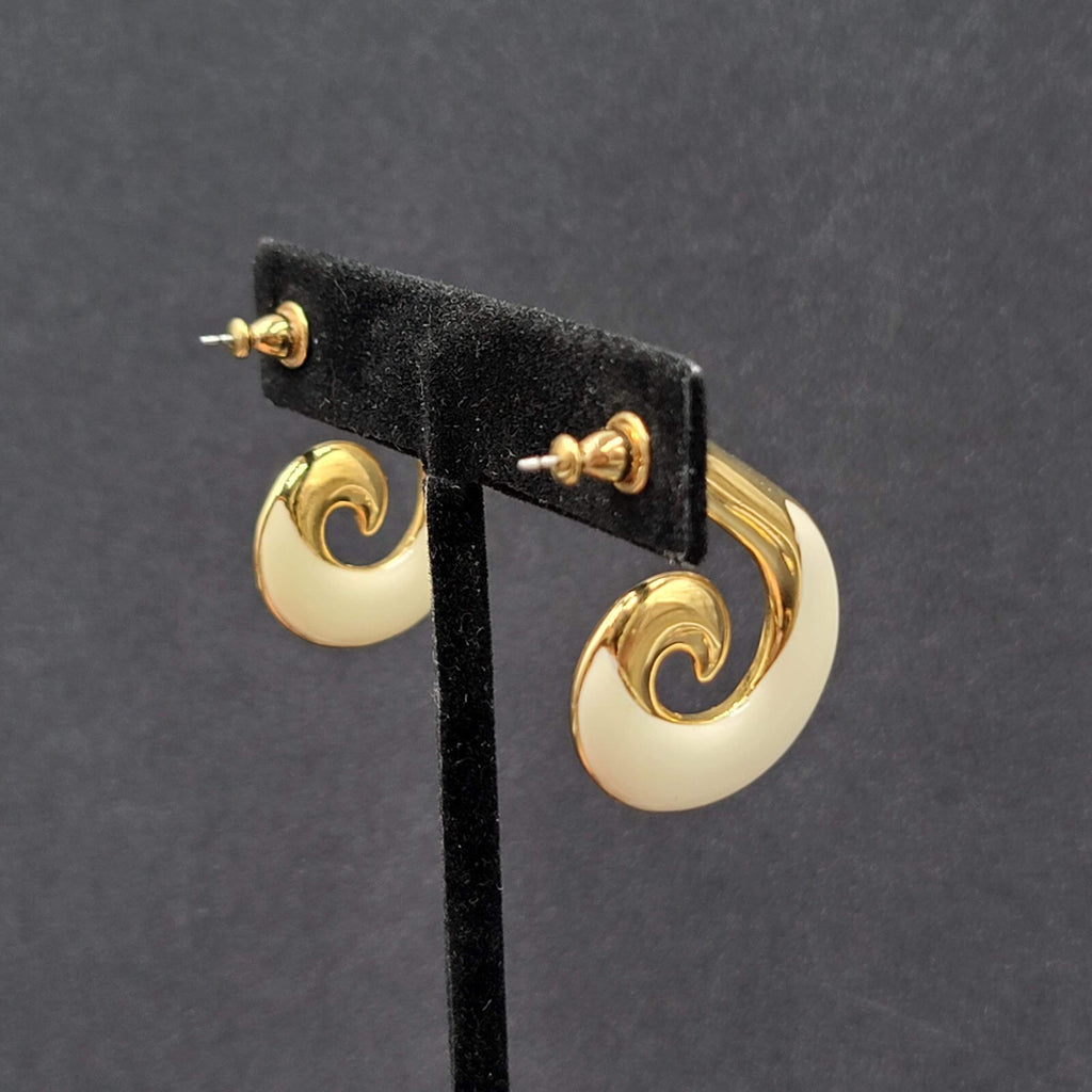 Vintage MONET Pierced Earrings Gold Plated White Enamel Swirl Drop  1.25"