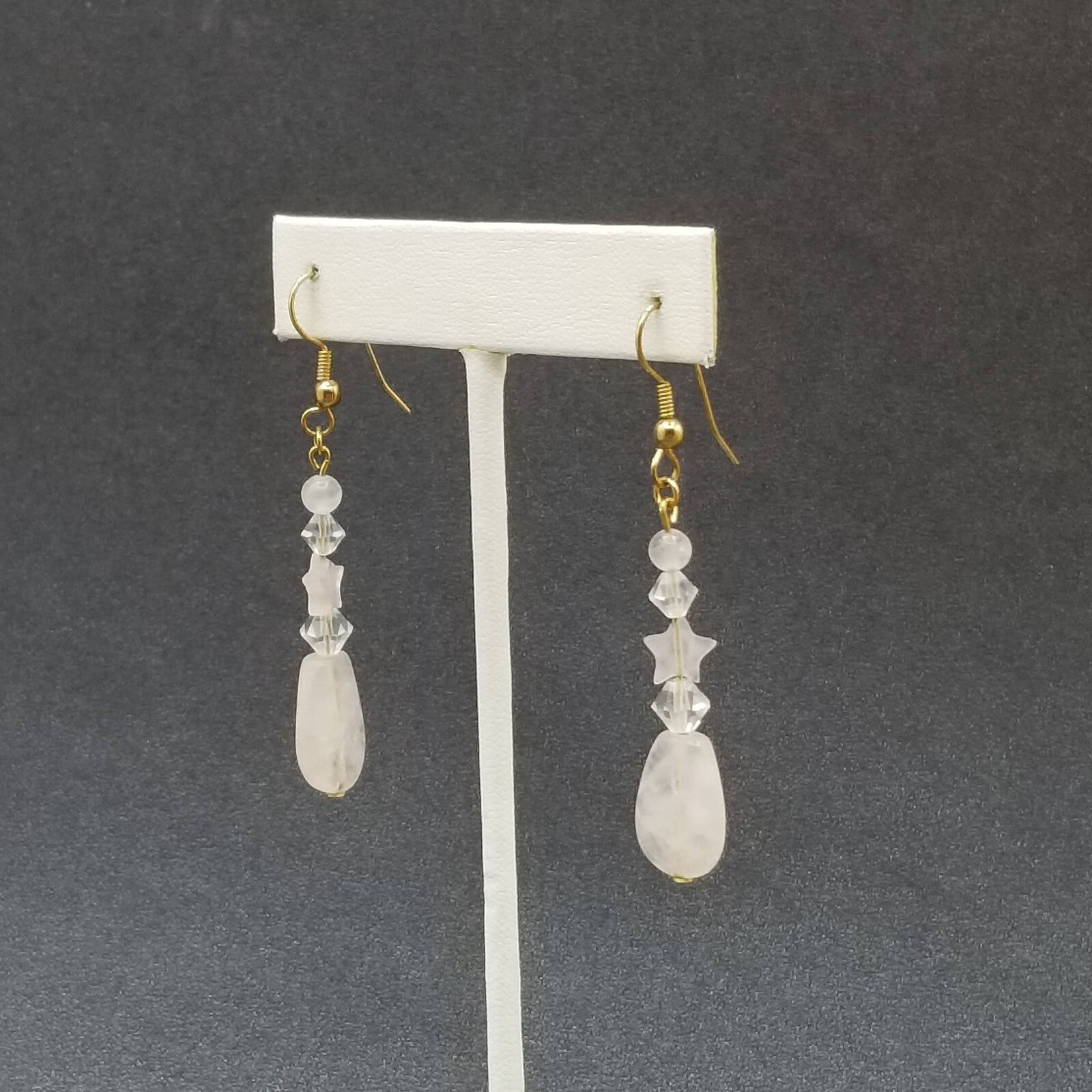 Pierced Earrings Gold tone Crystal Rose Quartz Teardrop Beaded Dangle 1 1/2"