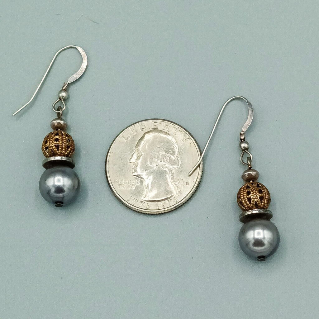 Pierced Earrings Silver tone Faux Silver Pearl Gold tone Filigree Bead Dangle 1"