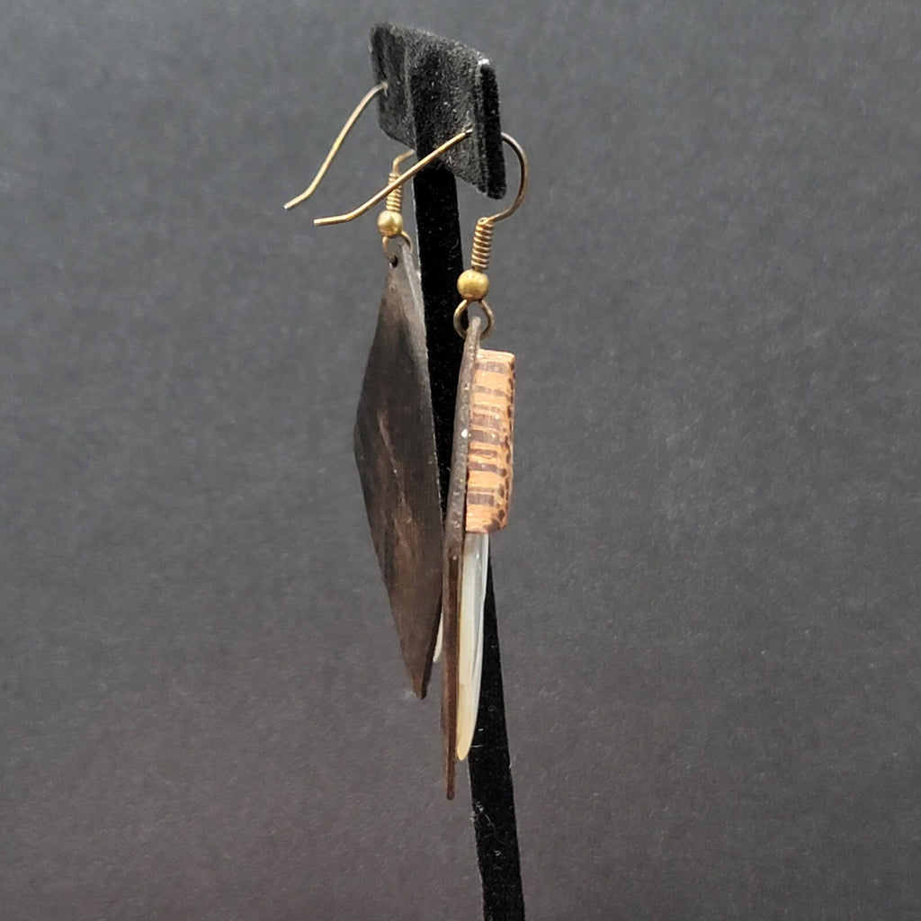 Vintage Pierced Earrings Wood Mother of Pearl Unique Hand Carved Dangle 2 1/8"