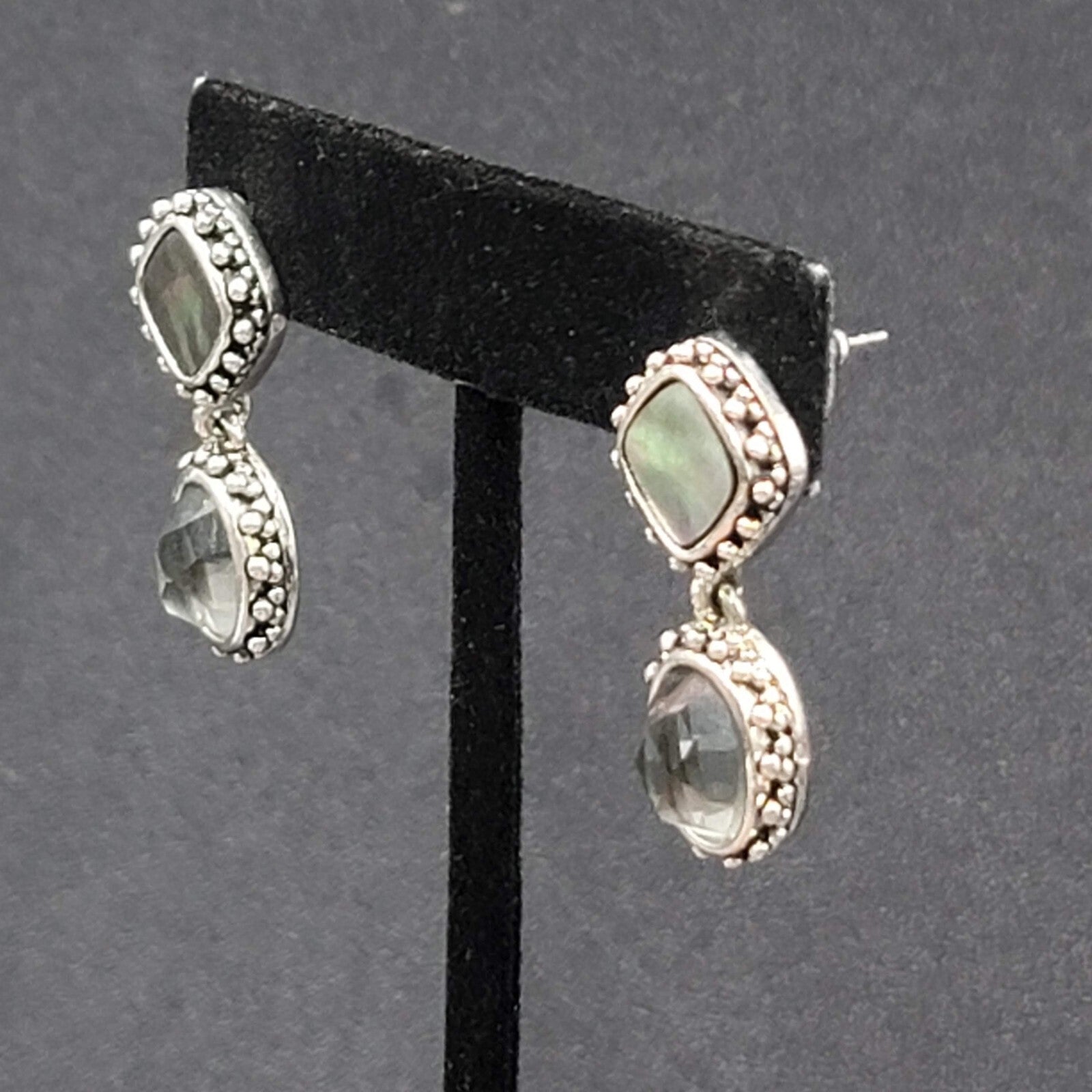 Pierced Earrings Silver tone Abalone Inlay Faceted Glass Dangle 1.25"