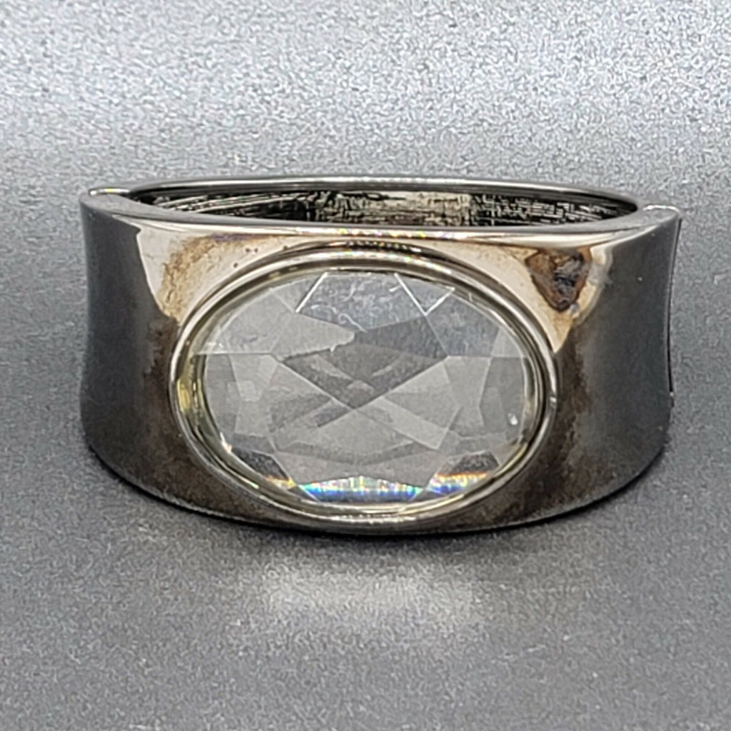 Black Metal Large Clear faceted Acrylic Statement Hinged Cuff Bracelet 