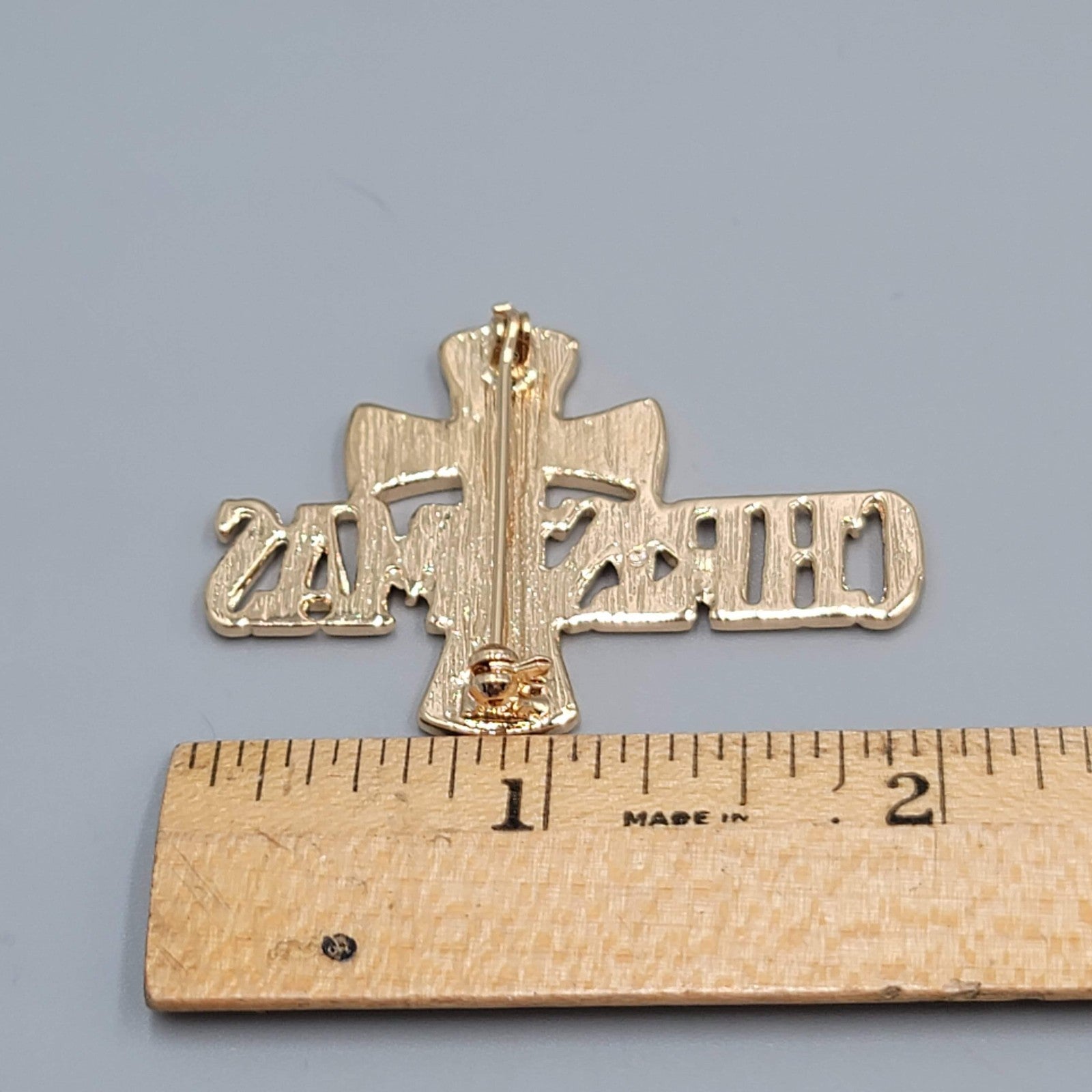 Vintage Christmas Brooch Plaid Flannel Cross Gold tone 2"