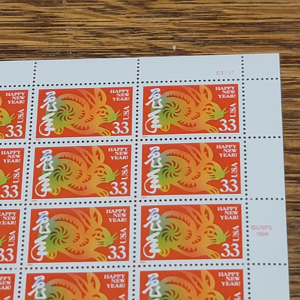 HAPPY NEW YEARS Lunar The Rabbit 20 Stamp 33c Stamp Souvenir Sheet 1999 USPS