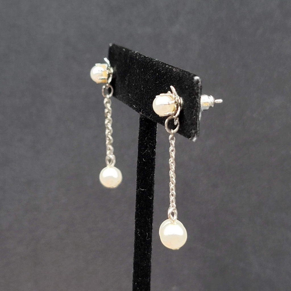 Vintage Pierced Earrings Silver tone White Bead Dangle Chains 1 3/8"