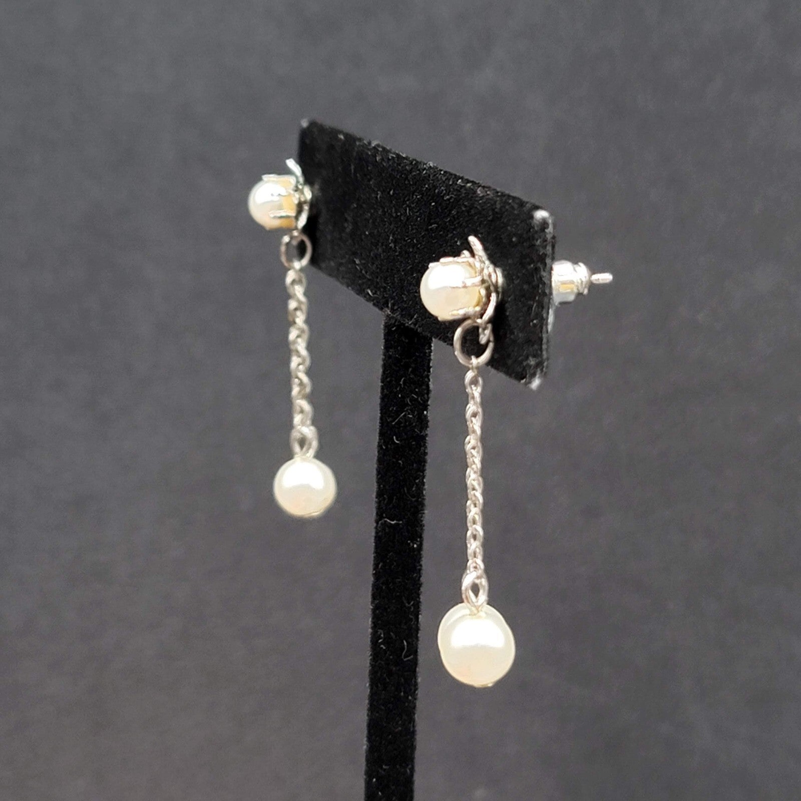 Vintage Pierced Earrings Silver tone White Bead Dangle Chains 1 3/8"