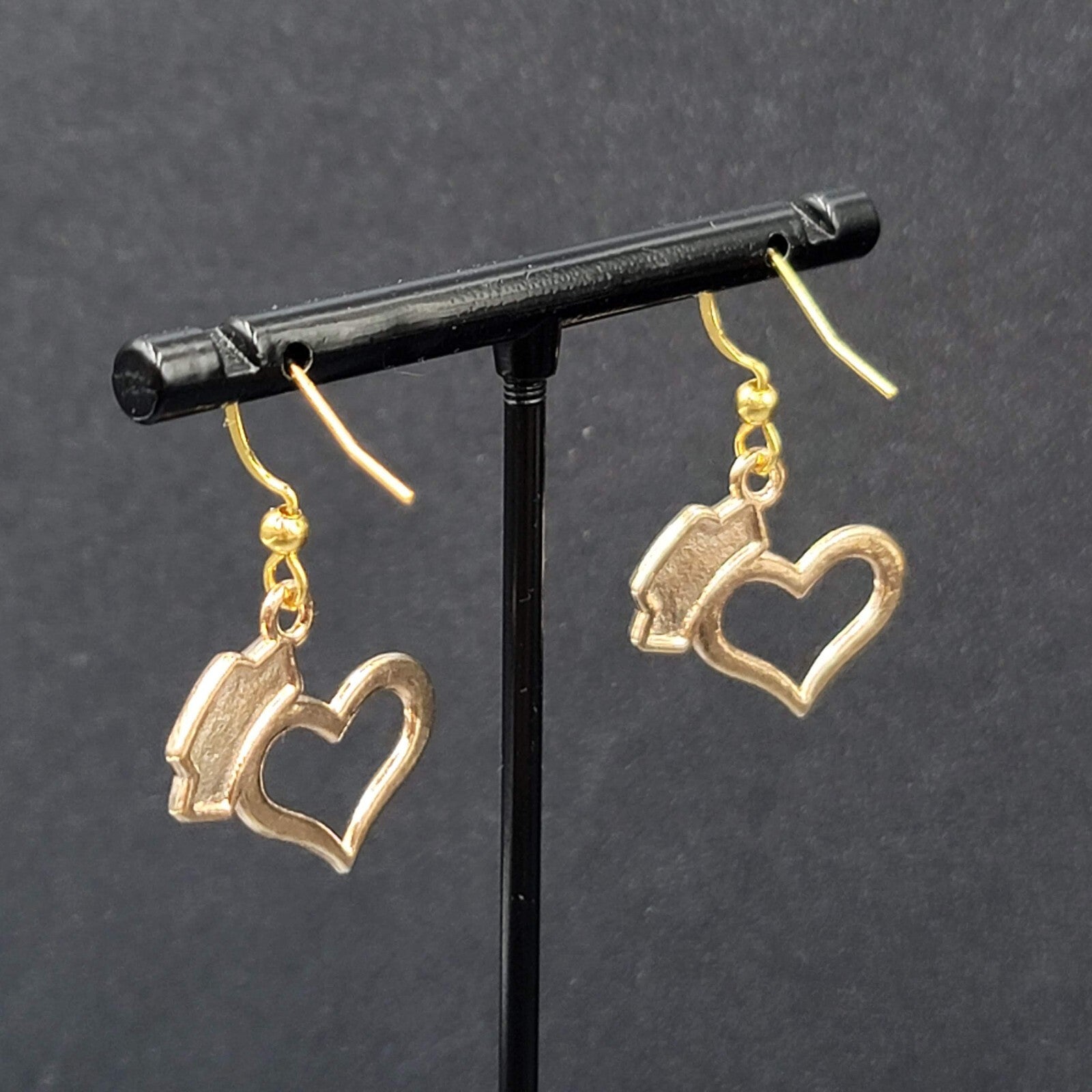 Nurse Heart Pierced Earrings Red White Enamel Gold tone Dangle 3/4"
