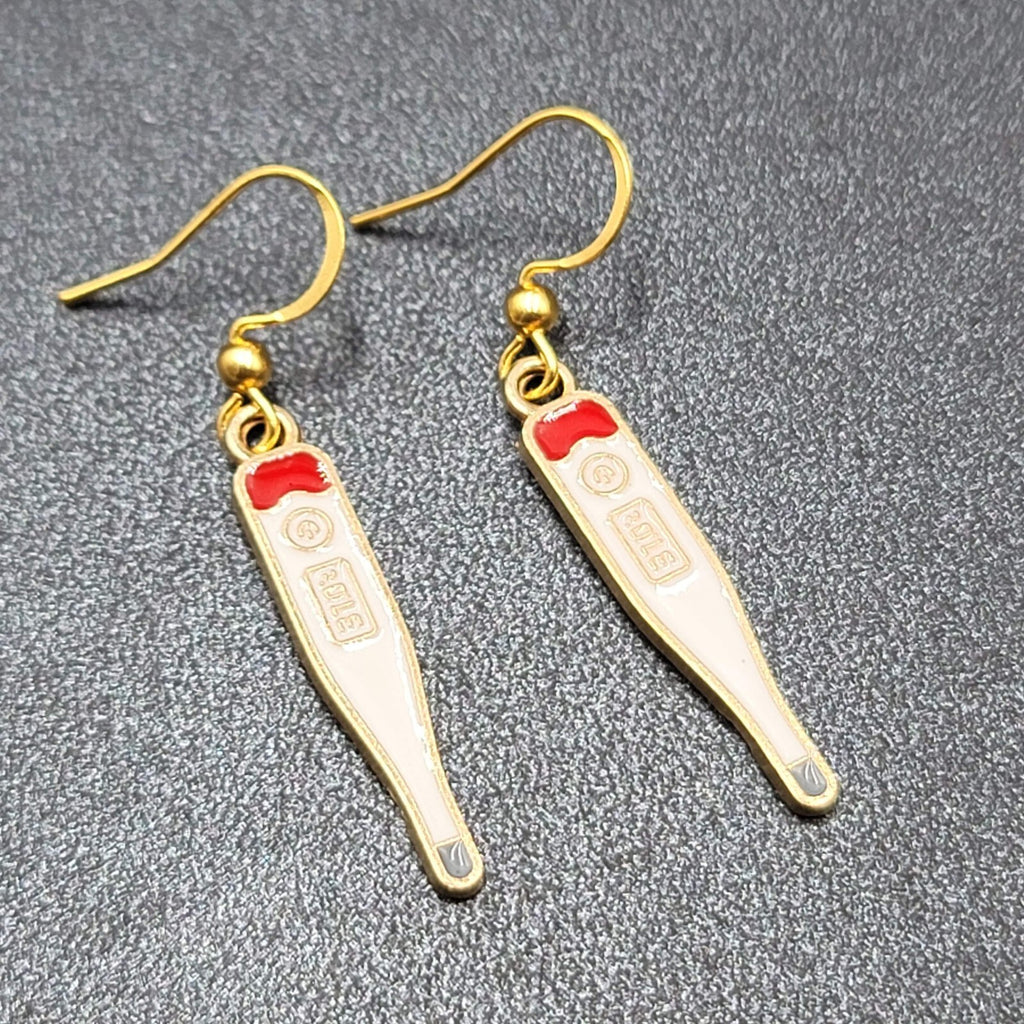 Nurse Thermometer Pierced Earrings Red White Enamel Gold tone Dangle 1 1/8"