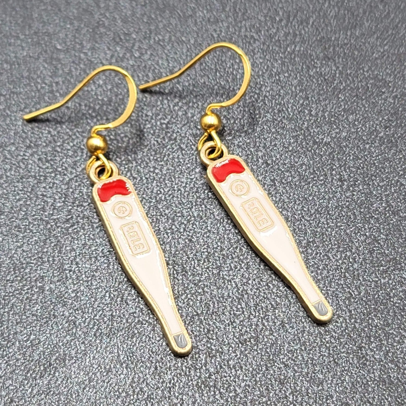 Nurse Thermometer Pierced Earrings Red White Enamel Gold tone Dangle 1 1/8"