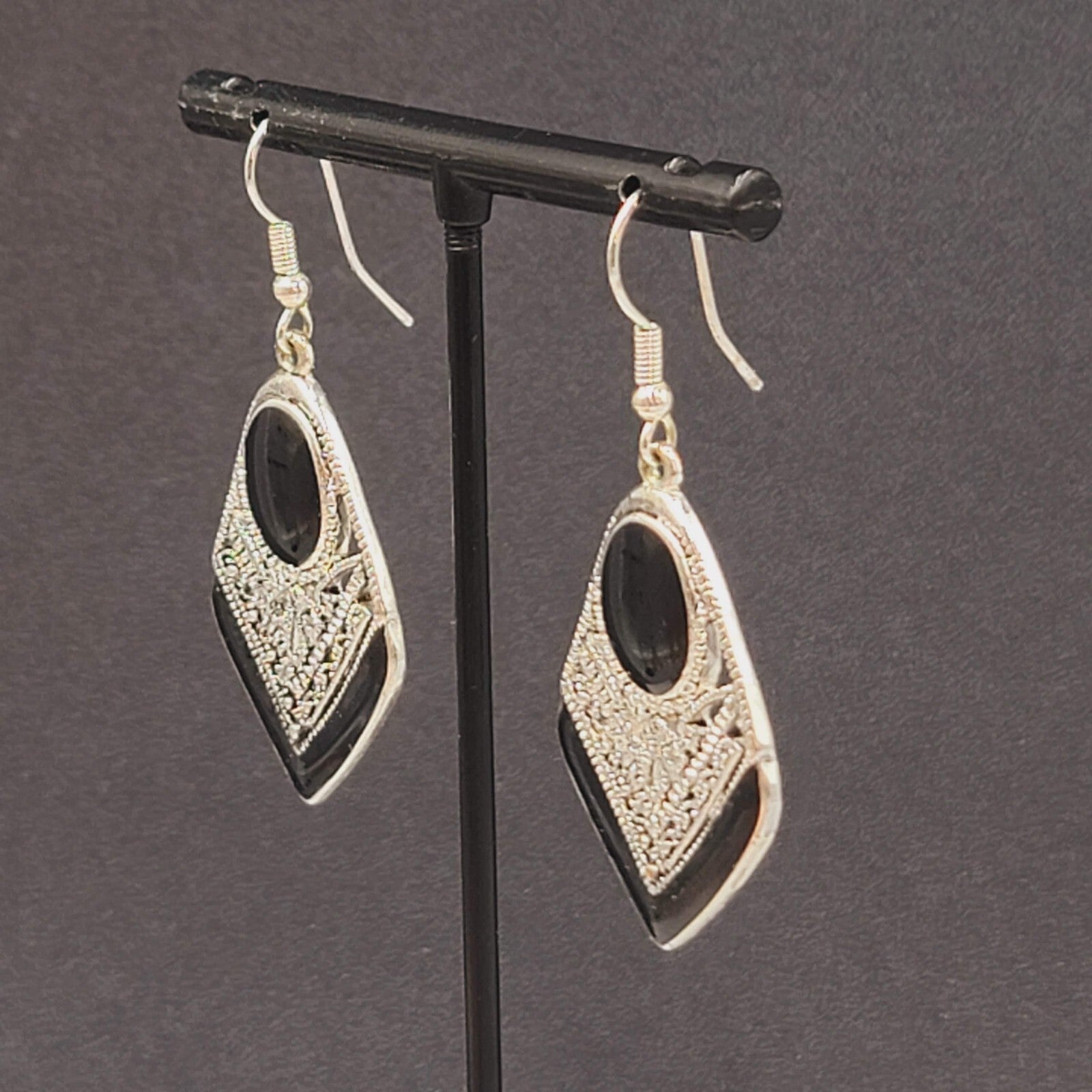 Pierced Earrings Silver tone Dangle Black Enamel Filigree 1.5"