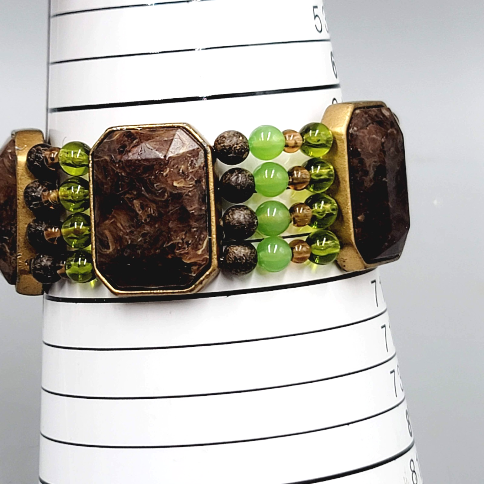 Brown Green Bead Bracelet Stretch Elastic Statement 7"