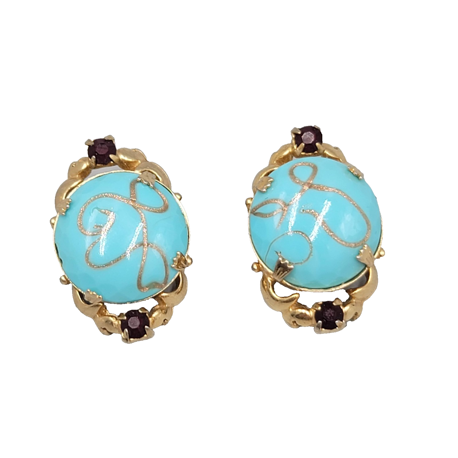 Vintage Blue Art Glass Clip on Earrings Gold tone Black Rhinestone 1.25 in
