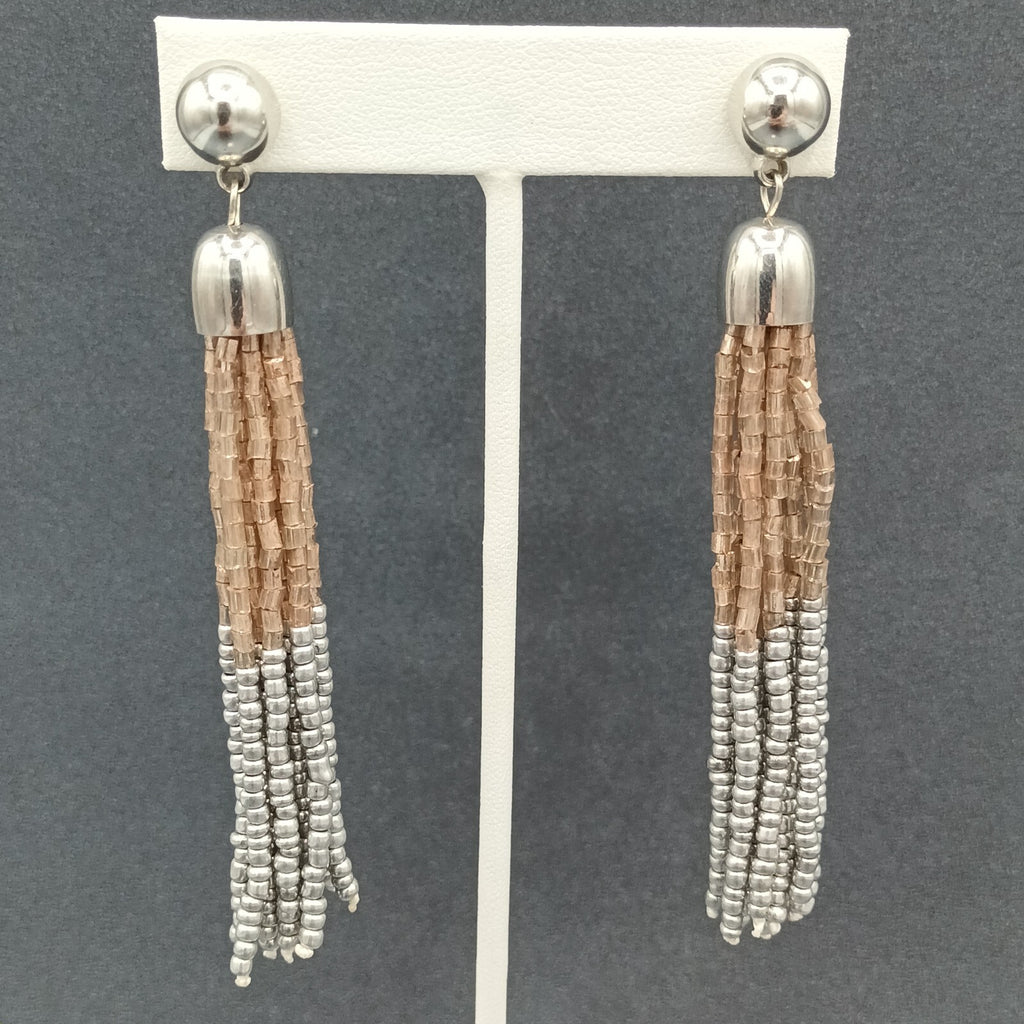Pierced Earrings Gold and Silver tone Seed Bead Multi Strand Dangle 3.75"