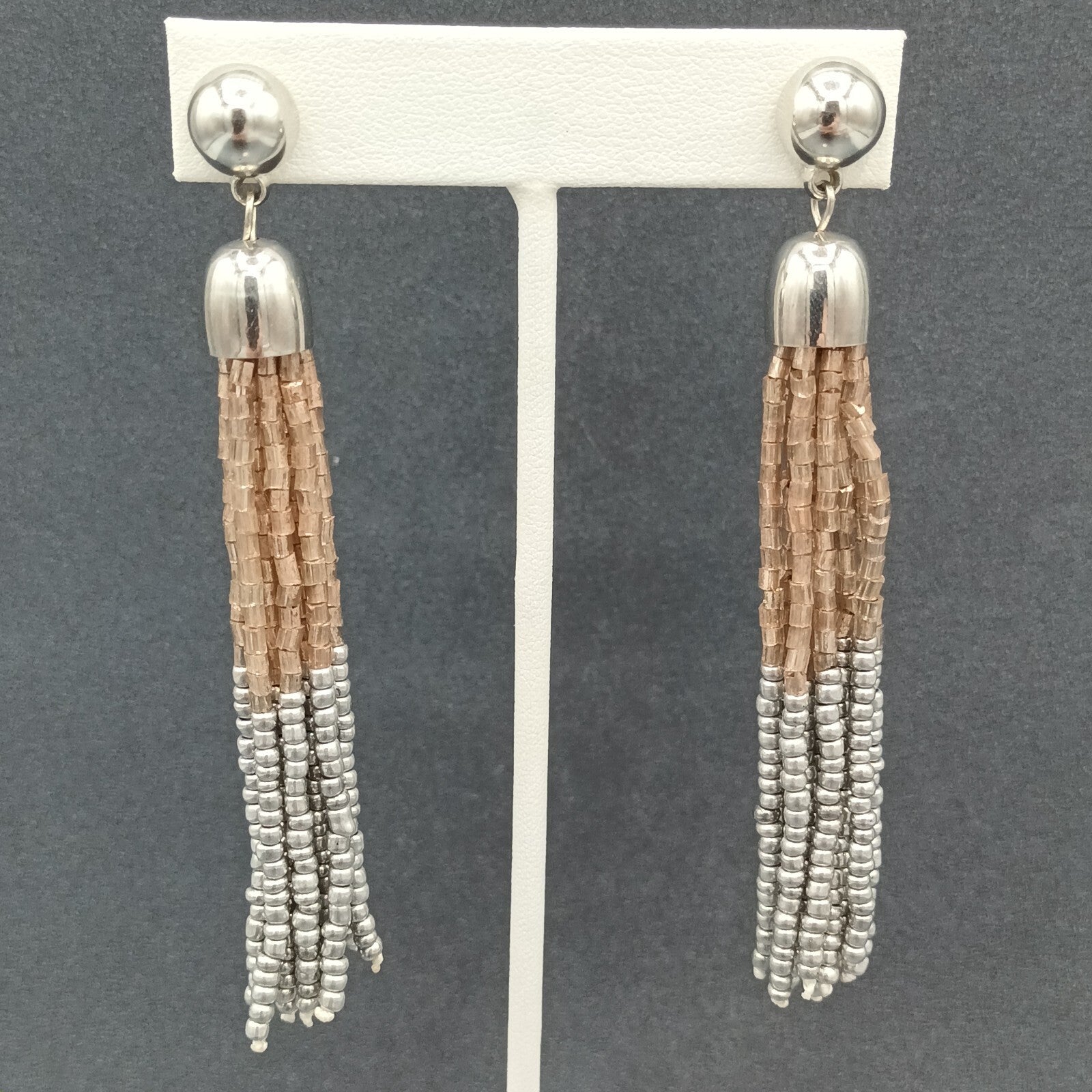 Pierced Earrings Gold and Silver tone Seed Bead Multi Strand Dangle 3.75"