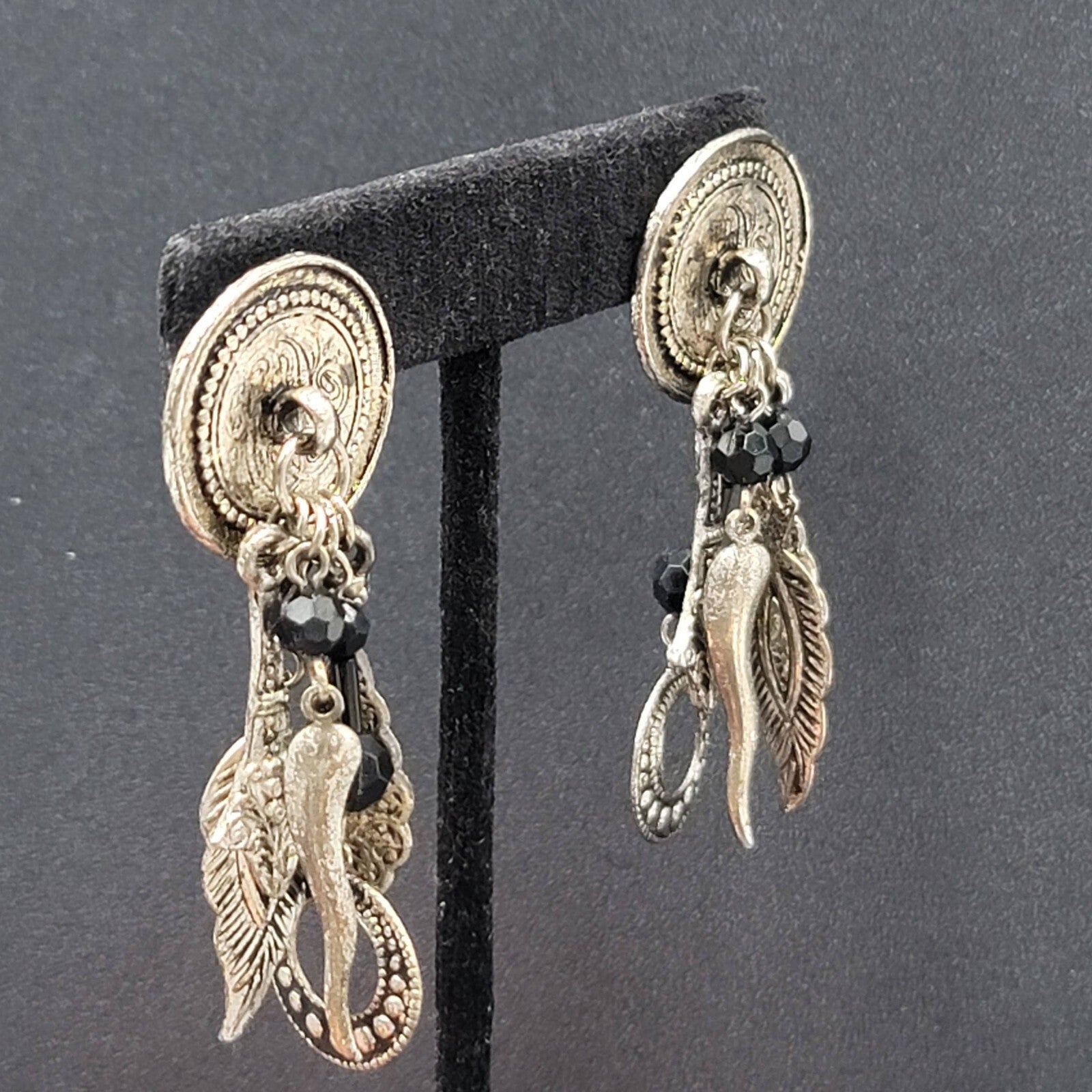Boho Pierced Earrings Silver tone Black Beads Dangle Charms 2.25"