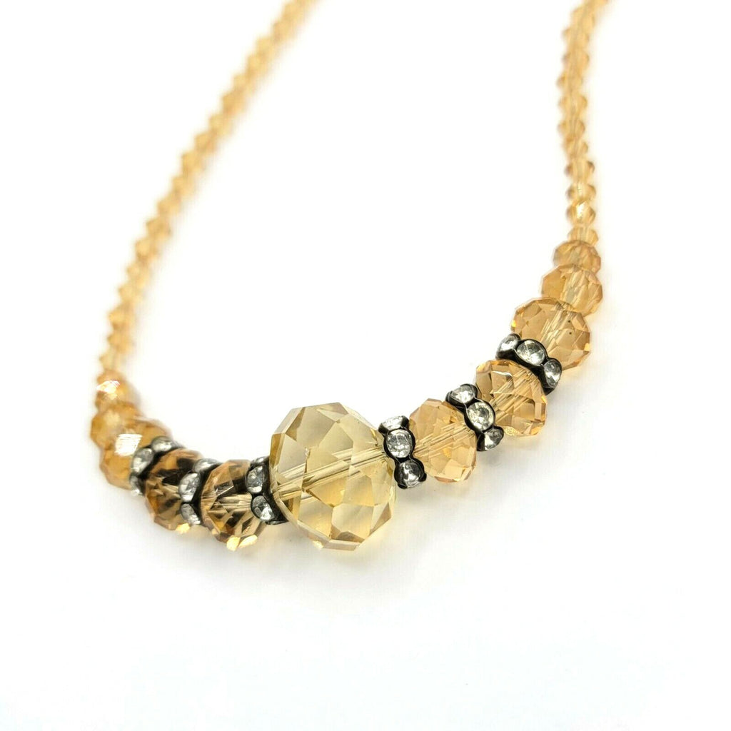 Yellow Crystal Necklace Single Strand Glass Bead Sparkly 19" Magnet Clasp