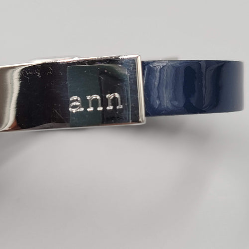 ANN ID Name Rustic Cuff Bracelet Silver Tone Navy Blue Leather RC Buckle Adj
