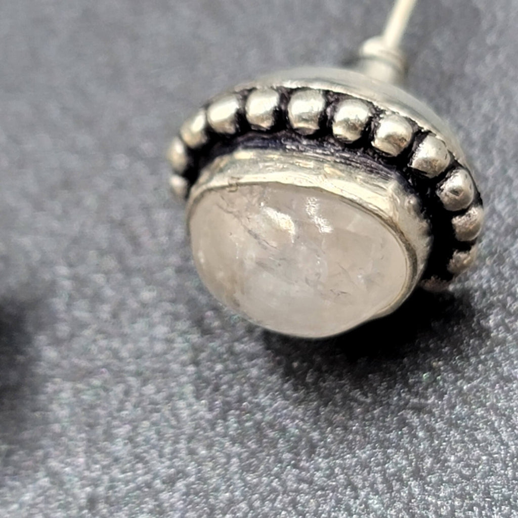 Pierced Earrings Silver tone Moonstone Oval Studs 1/2"