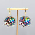 Multicolor Mosiac Hedgehog Pierced Earrings Acrylic Dangle Gold tone Hook 1.25"