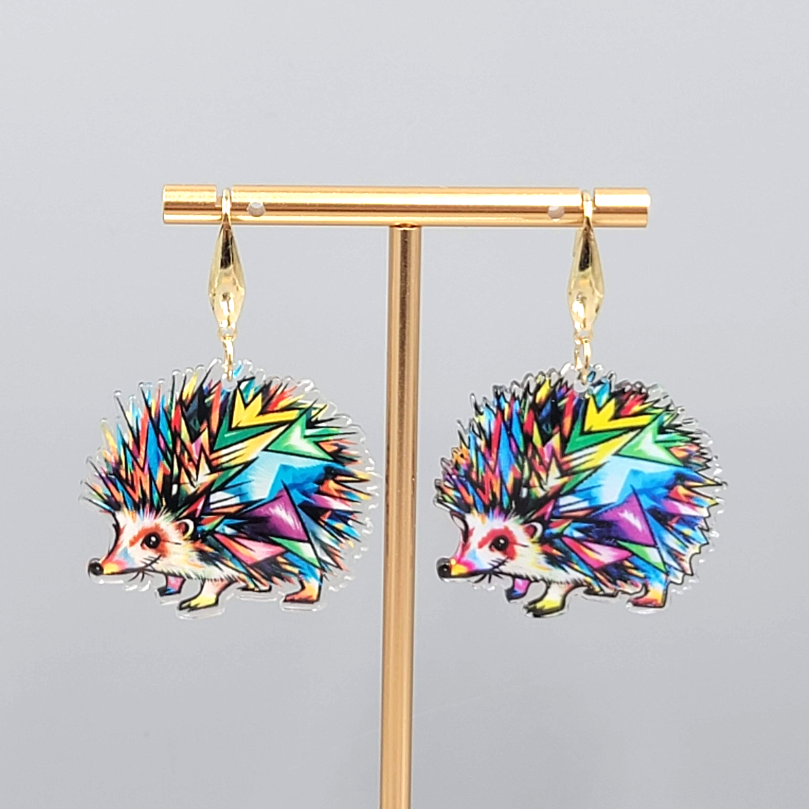 Multicolor Mosiac Hedgehog Pierced Earrings Acrylic Dangle Gold tone Hook 1.25"