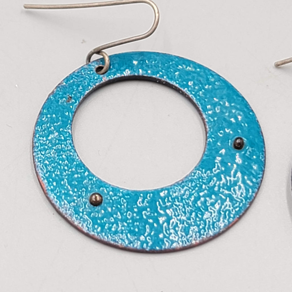 Artisan Vintage Blue Enamel Open Discs Pierced Earrings Round Dangle 1.5"