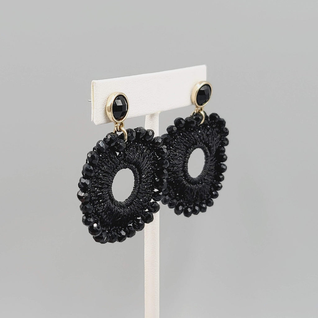 Black Crochet Bead Pierced Earrings Dangle 1.5"