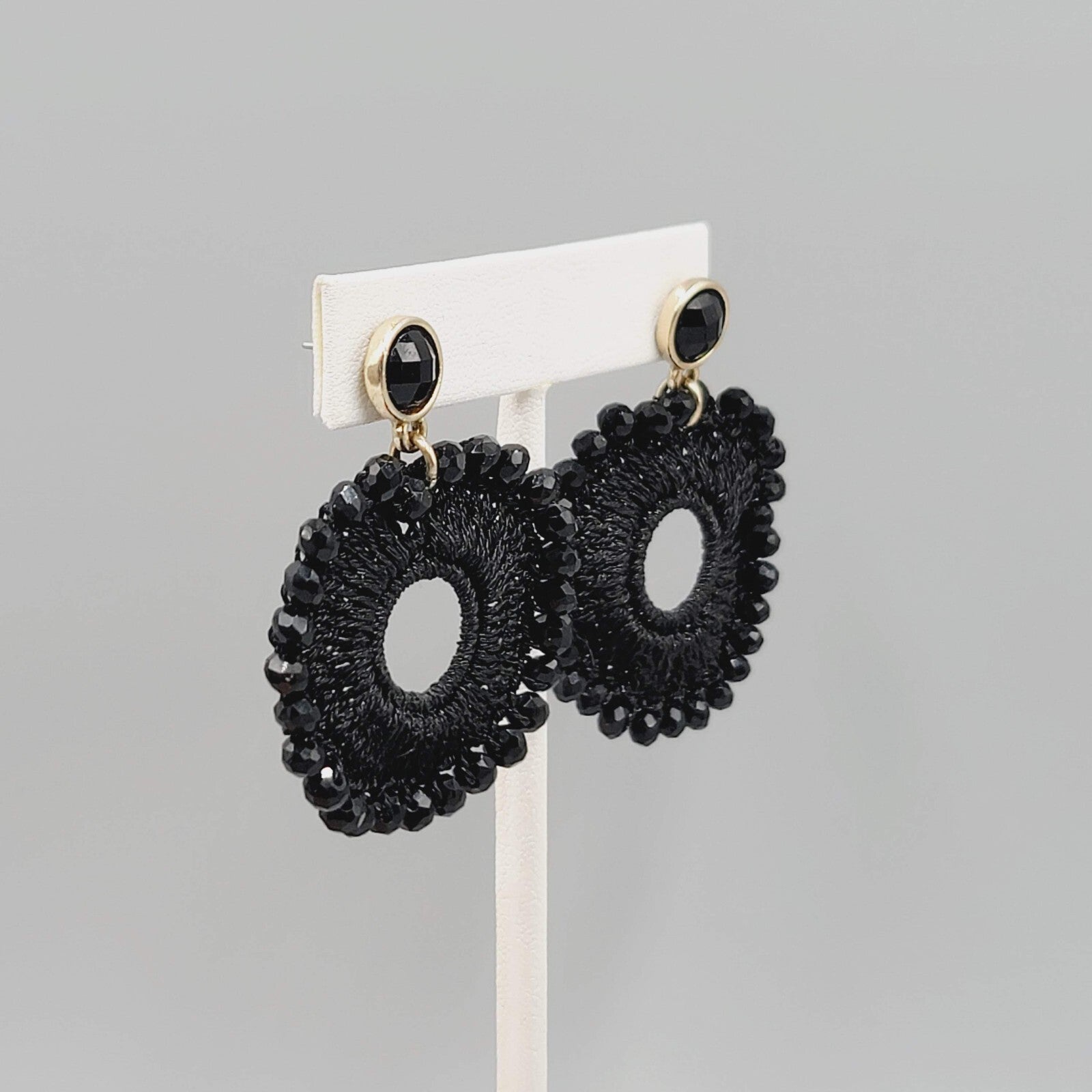 Black Crochet Bead Pierced Earrings Dangle 1.5"