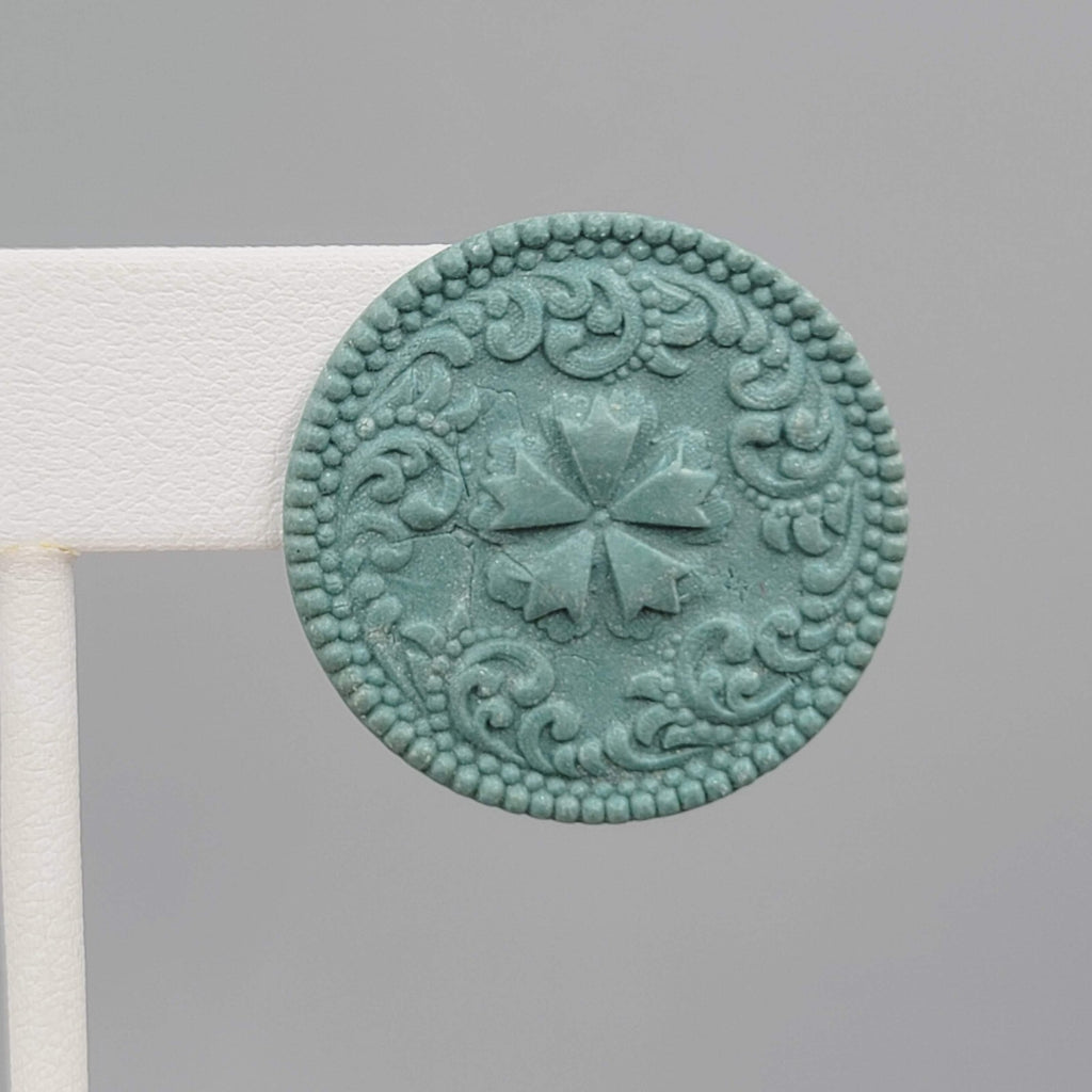 Vintage Embossed Pierced Earrings Green-Blue Round 1"