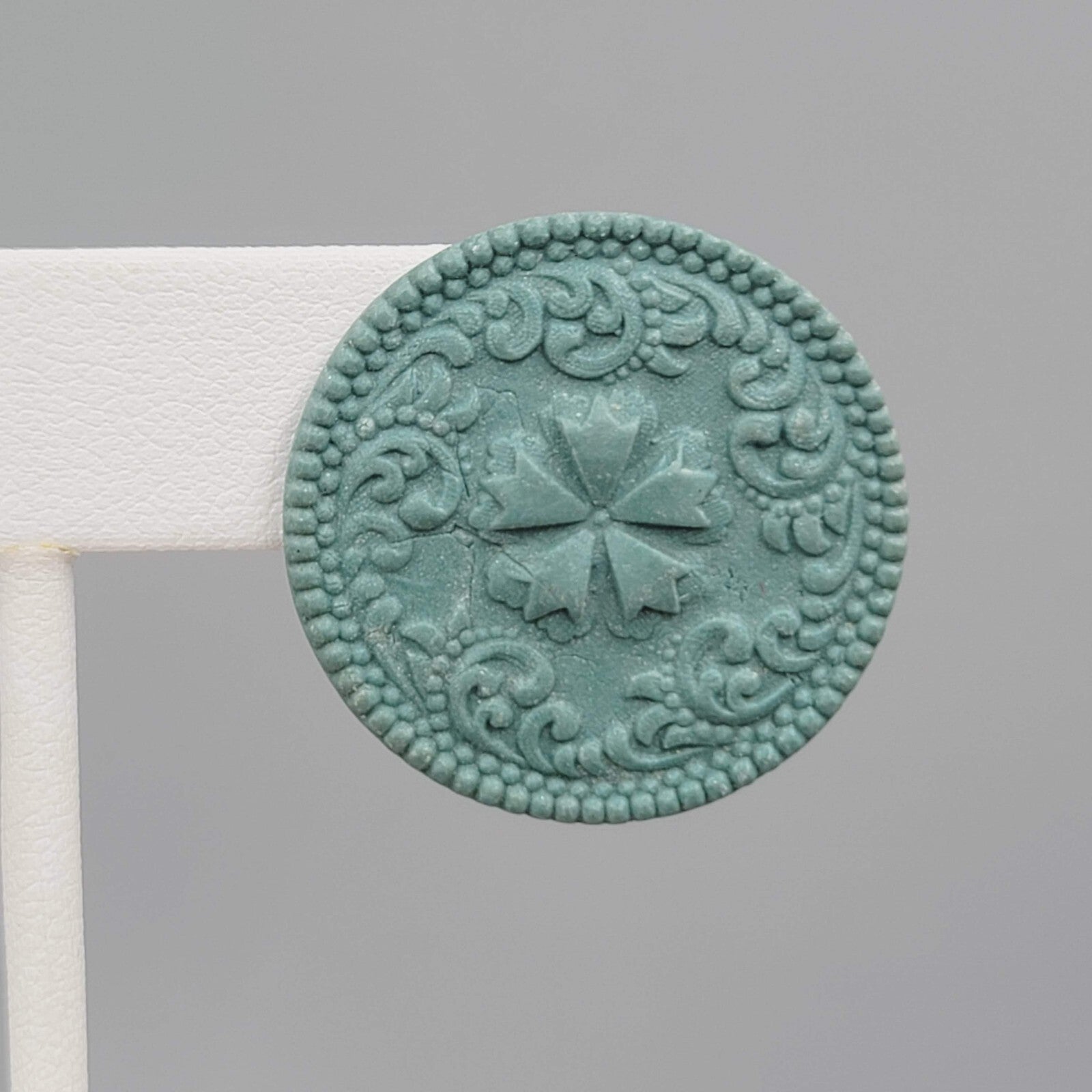 Vintage Embossed Pierced Earrings Green-Blue Round 1"