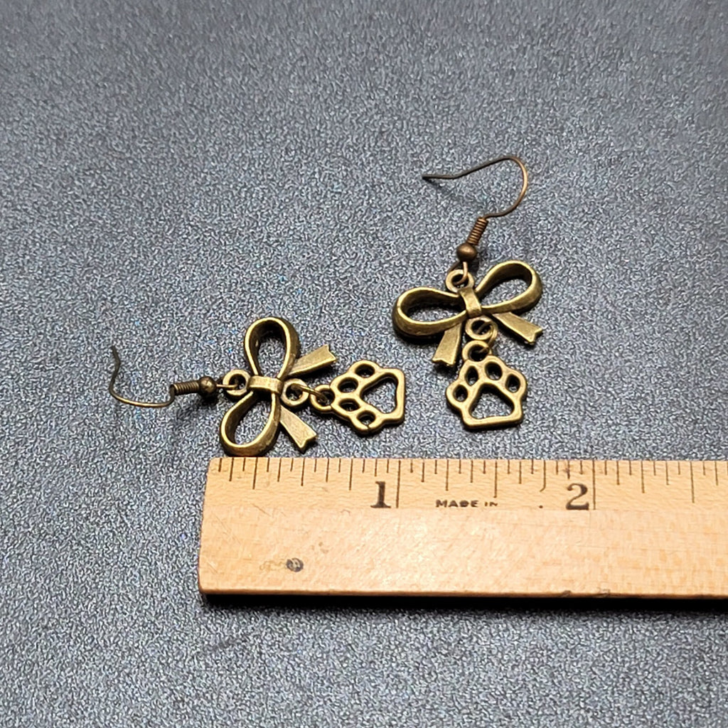 Pierced Bow Dog Paws Earrings Bronze tone Dangle 7/8"