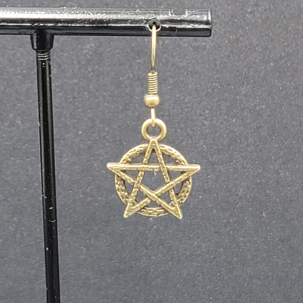 New Pentagram Circle Pierced Earrings Bronze tone Dangle 3/4"