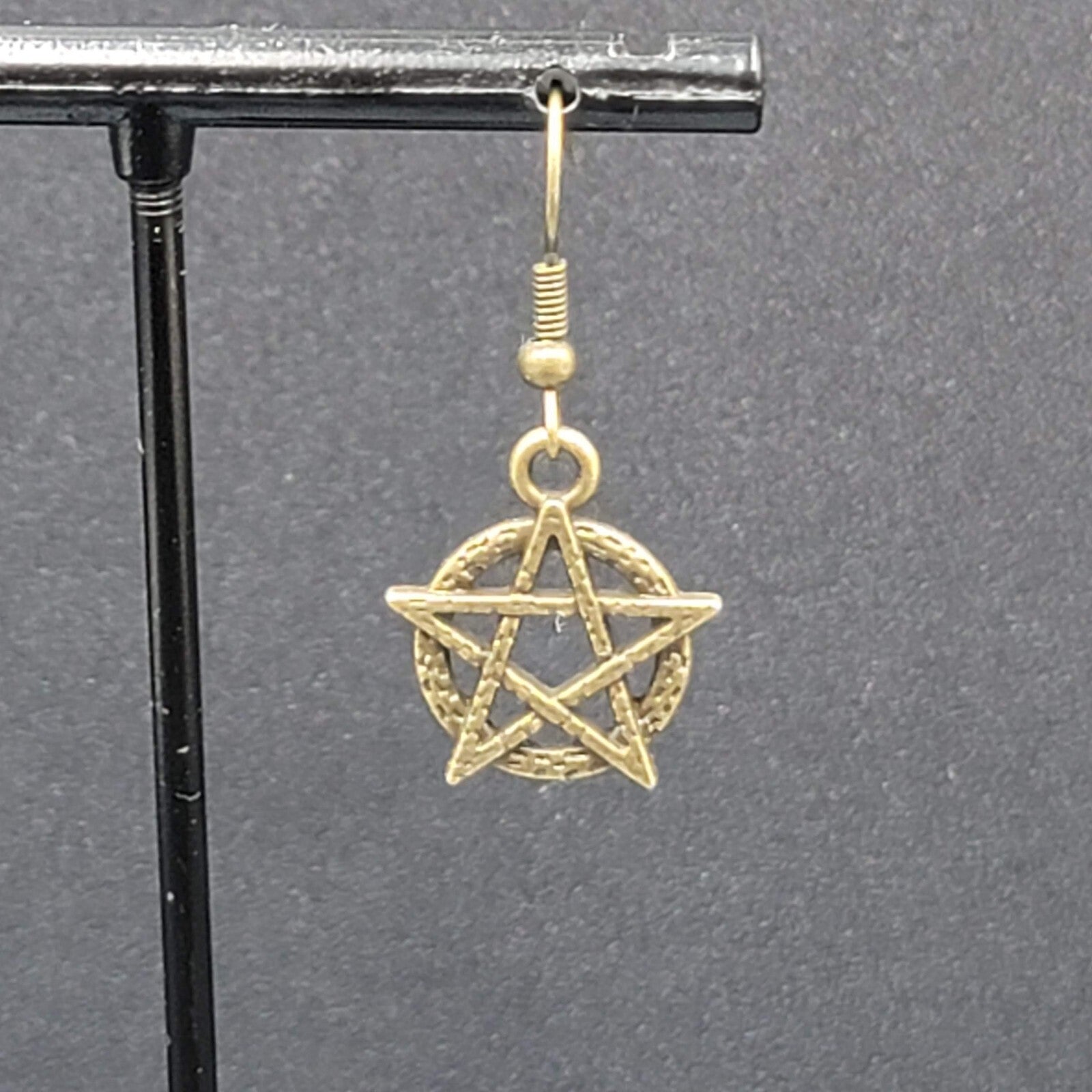 New Pentagram Circle Pierced Earrings Bronze tone Dangle 3/4"