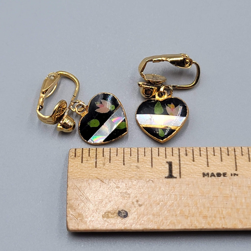 Vintage Black Heart Dangle Clip on Earrings Gold tone Flower 1/2"