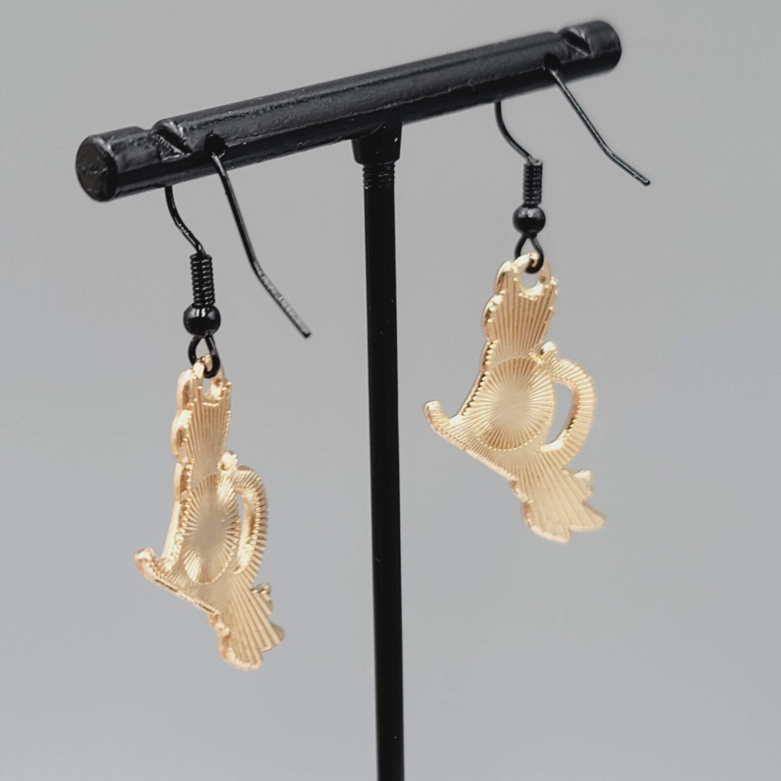 Black Cat Riding Broom Pierced Earrings Enamel Gold tone Dangle New 1"