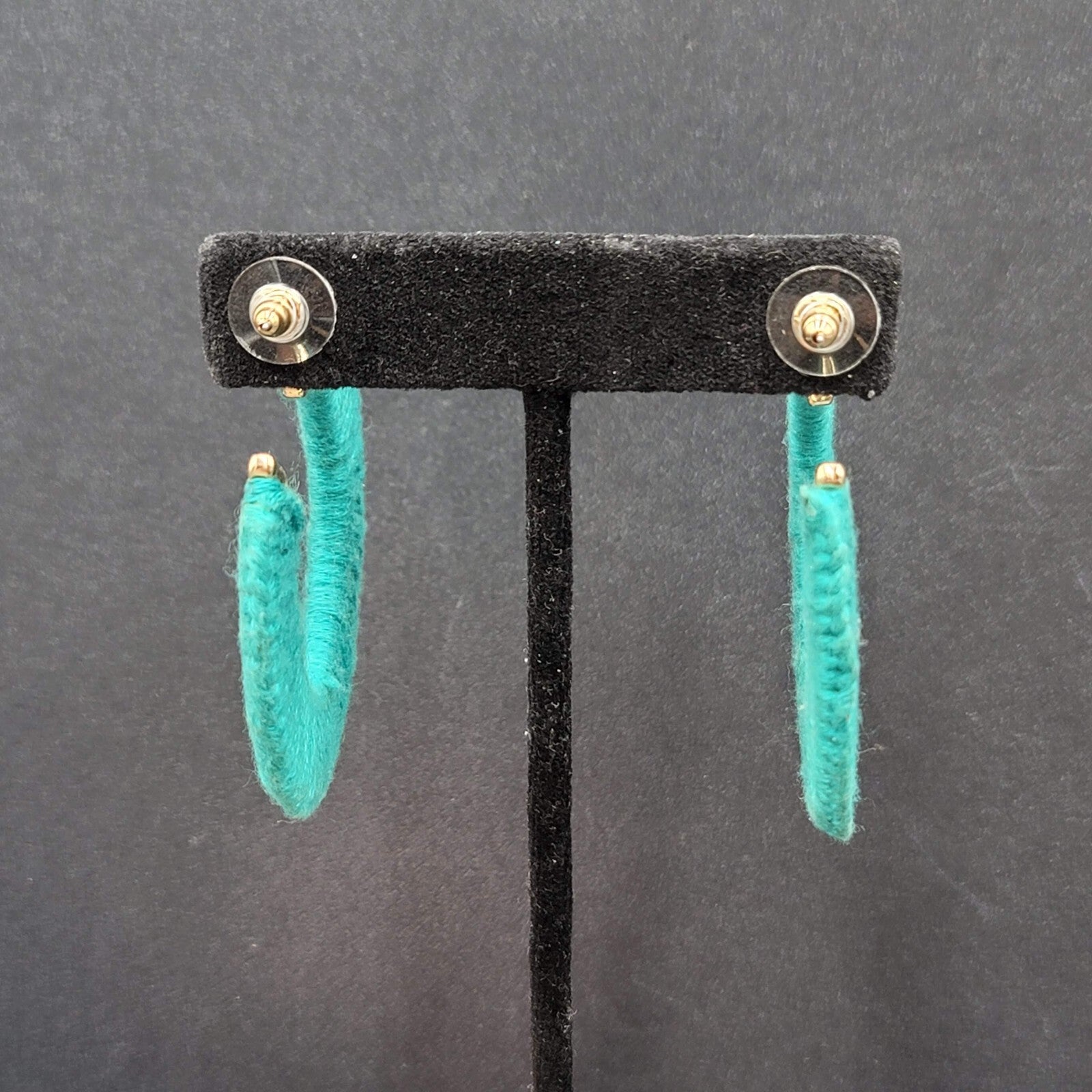 Pierced Earrings Gold tone Turquoise Blue Thread Wrapped Hoops 2 1/8"
