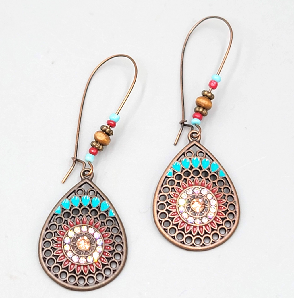 Boho Teardrop Medallion Pierced Earrings Bronze tone Dangle 2.75 in