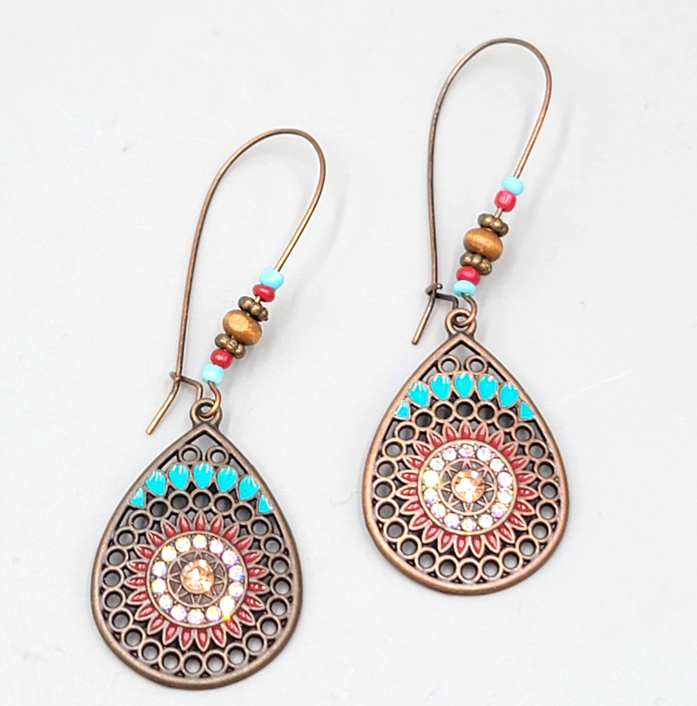 Boho Teardrop Medallion Pierced Earrings Bronze tone Dangle 2.75 in