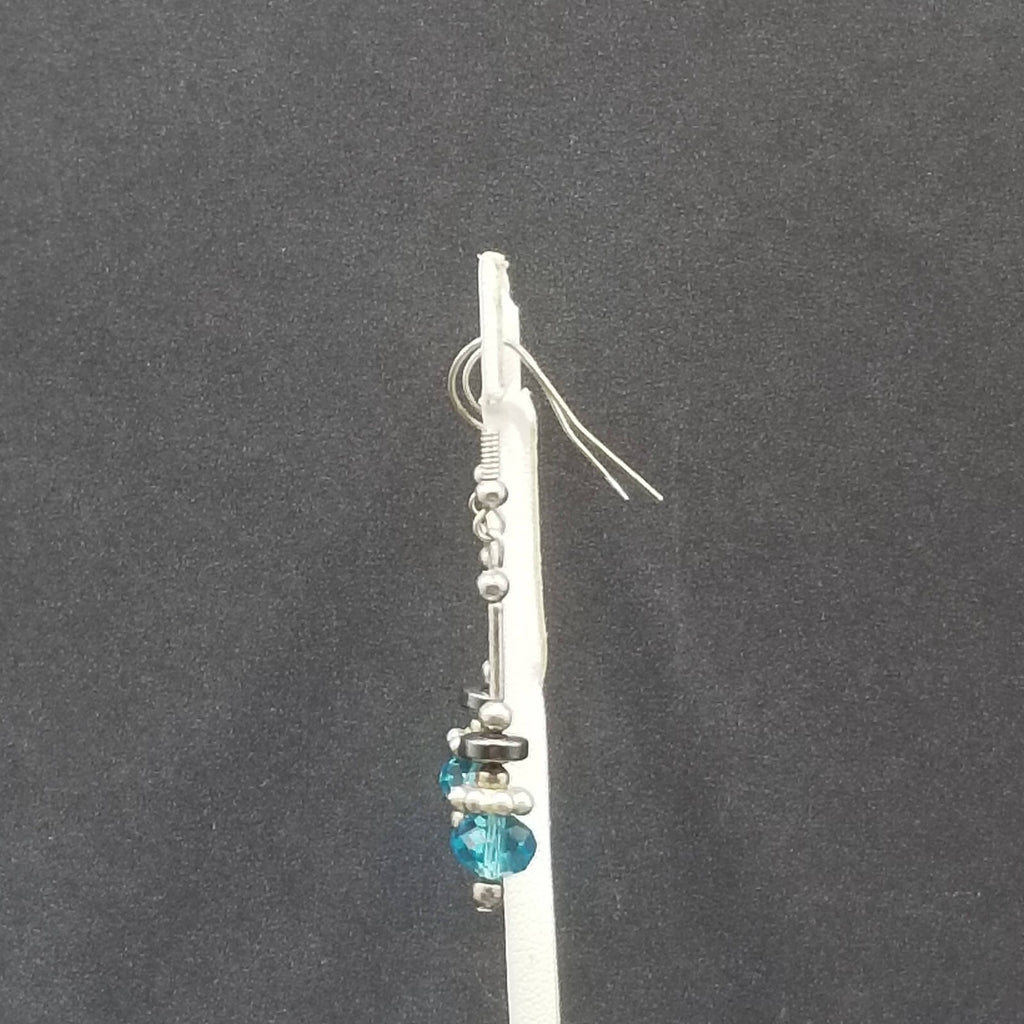 Pierced Earrings Silver tone Blue Faceted Crystal Hematite Bead Dangle 1 1/4"