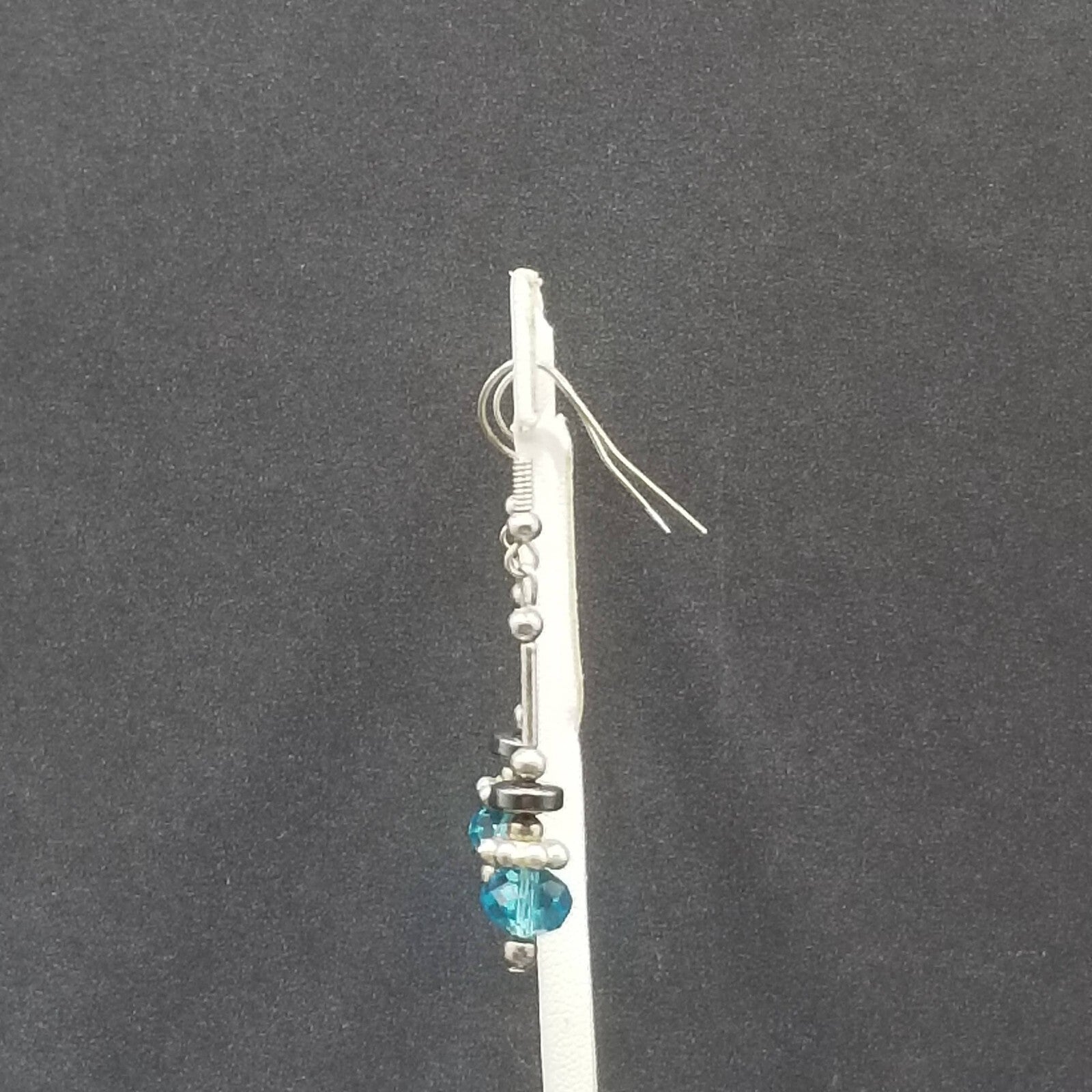 Pierced Earrings Silver tone Blue Faceted Crystal Hematite Bead Dangle 1 1/4"