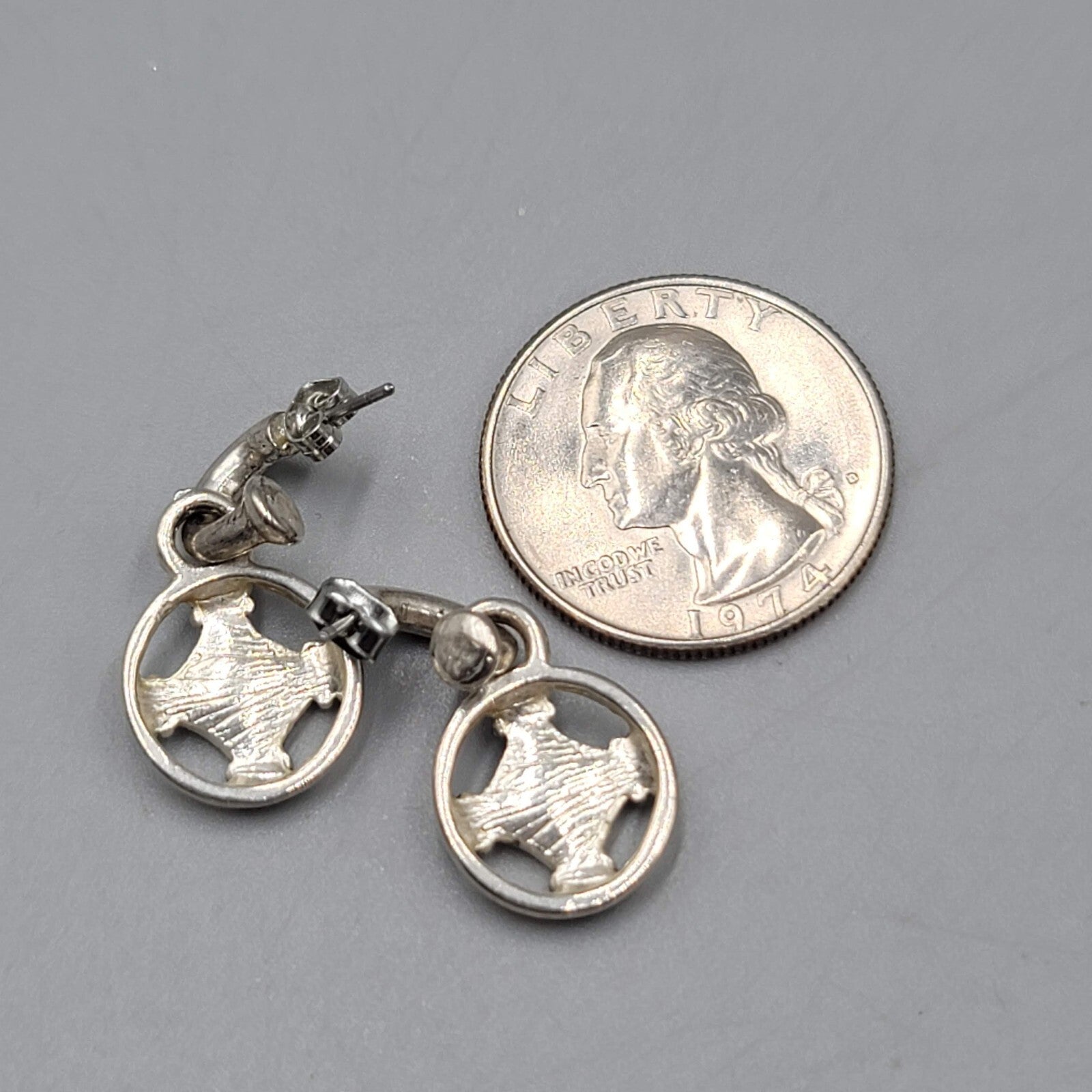 Pierced Earrings Silver tone Dangle Hoops Embossed Bird 1"